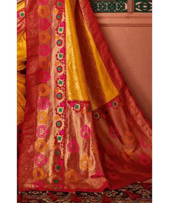 Yellow woven blended silk kanjivaram saree with blouse 2