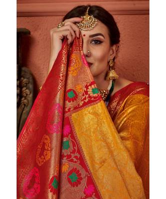 Yellow woven blended silk kanjivaram saree with blouse 3