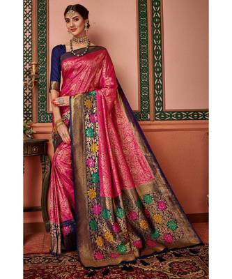 Pink woven blended silk kanjivaram saree with blouse 1