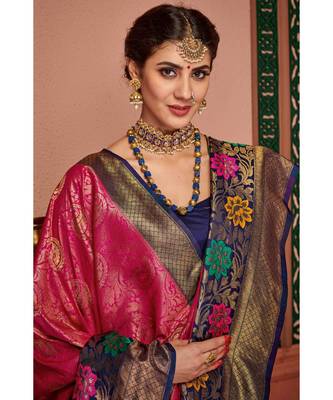 Pink woven blended silk kanjivaram saree with blouse 2