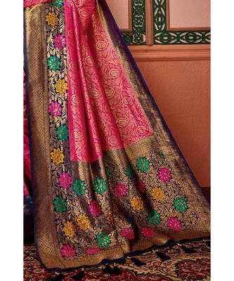 Pink woven blended silk kanjivaram saree with blouse 3