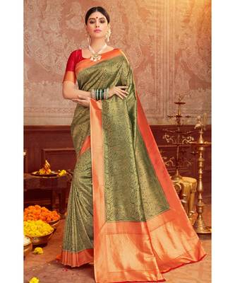 Yellow woven blended silk kanjivaram saree with blouse 1