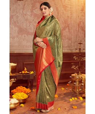 Yellow woven blended silk kanjivaram saree with blouse 3