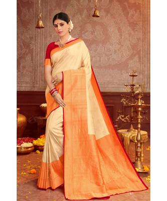 Beige woven blended silk kanjivaram saree with blouse 1