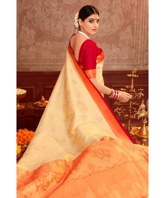 Beige woven blended silk kanjivaram saree with blouse 2