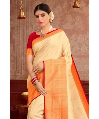 Beige woven blended silk kanjivaram saree with blouse 3