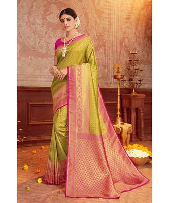 green woven blended silk kanjivaram saree with blouse 1