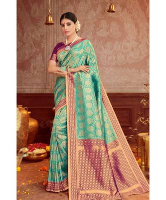 sea green woven blended silk kanjivaram saree with blouse 1