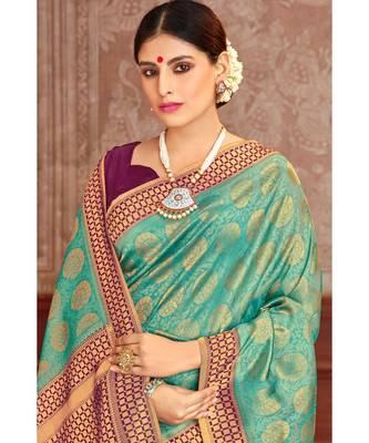 sea green woven blended silk kanjivaram saree with blouse 2