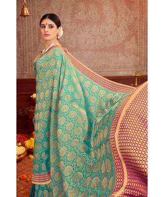 sea green woven blended silk kanjivaram saree with blouse 3