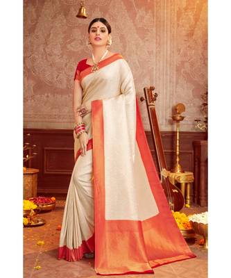 Beige woven blended silk kanjivaram saree with blouse 1