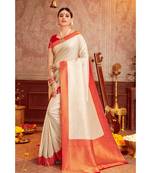 Beige woven blended silk kanjivaram saree with blouse