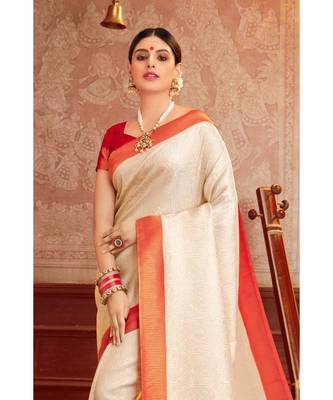 Beige woven blended silk kanjivaram saree with blouse 2