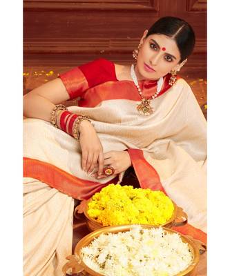 Beige woven blended silk kanjivaram saree with blouse 3