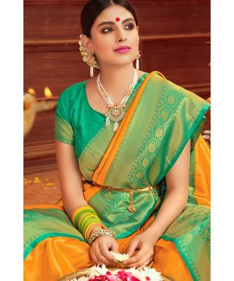 yellow woven blended silk kanjivaram saree with blouse 2