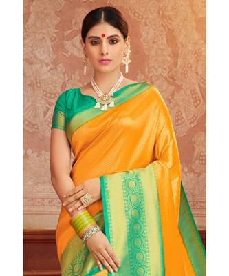 yellow woven blended silk kanjivaram saree with blouse 3