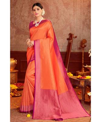 Orange woven blended silk kanjivaram saree with blouse 1