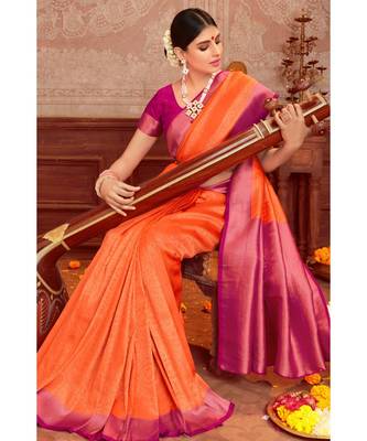 Orange woven blended silk kanjivaram saree with blouse 2