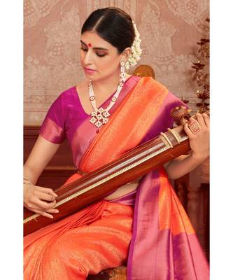Orange woven blended silk kanjivaram saree with blouse 3