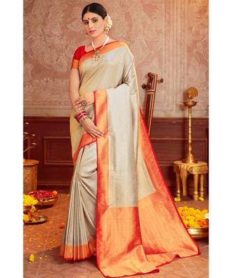 Grey woven blended silk kanjivaram saree with blouse 1