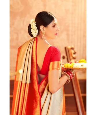 Grey woven blended silk kanjivaram saree with blouse 2