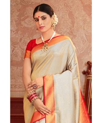Grey woven blended silk kanjivaram saree with blouse 3