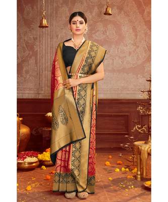 Red woven blended silk kanjivaram saree with blouse 1