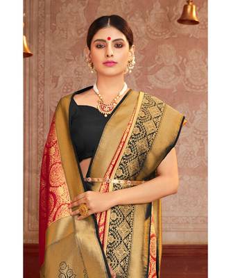 Red woven blended silk kanjivaram saree with blouse 2