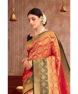 Red woven blended silk kanjivaram saree with blouse 3