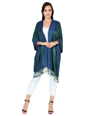 Navy Blue-Green Super Fine Soft Women's Viscose Reversible Pashmina Scarf, Stole & Wrap with Hanger 1