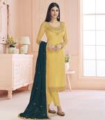 Yellow Satin Georgette Embroider Work Straight Semi Suit 