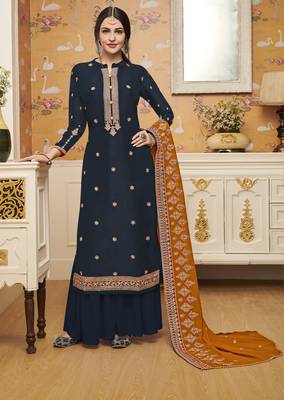 Navy-blue embroidered crepe salwar 1