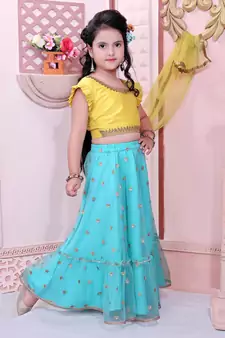 Yellow Embroidered Cotton Silk  Lehenga Choli Dupatta