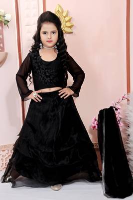 Black Embroidered Cotton Silk Lehenga Choli Dupatta 1