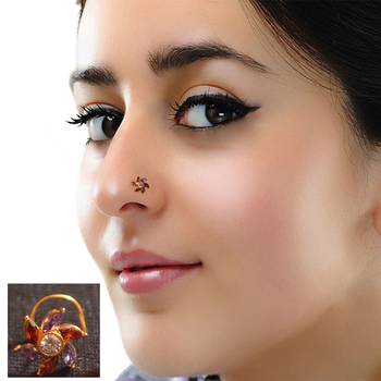 Designer Stone Studded Premium Gold Plated diamond nose-ring or Nose Pin 2
