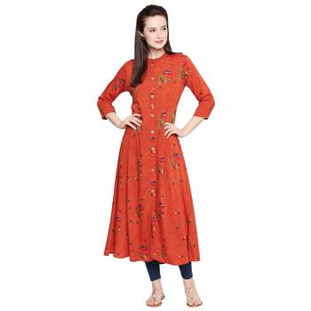 Orange Embellishmed ALine Long Kurta For Women 4