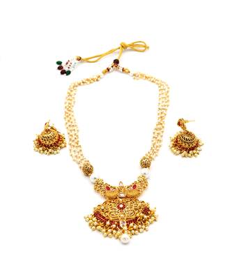 Gold Plated With Red Stone Studded And White Moti Neckalce Set For Women 2