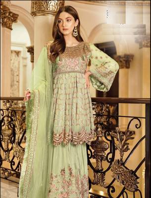 G-Collection Green Pakistani Fency Georgette Embroderi Semi Suit 1
