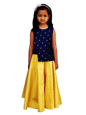 Kids Blue Top And Yellow Cotton Silk Lehenga Choli 1