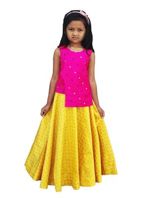 Kids Rani Pink Top And Yellow Lehenga Choli 1