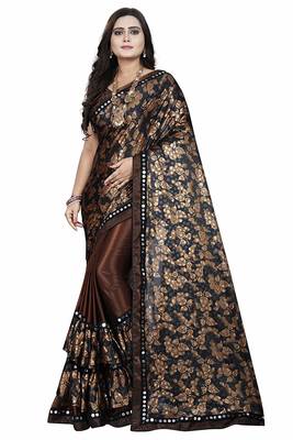 Brown printed lycra saree with blouse 1