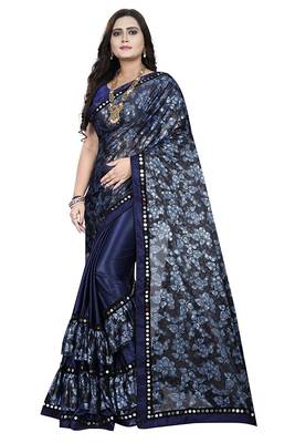 Navy blue printed lycra saree with blouse 1
