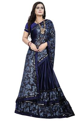 Navy blue printed lycra saree with blouse 3
