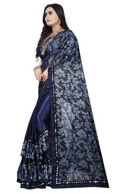 Navy blue printed lycra saree with blouse 4