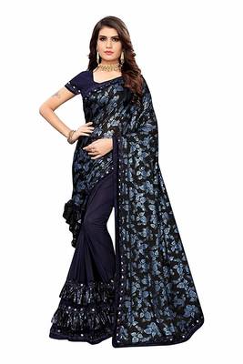 Navy blue printed lycra saree with blouse 1