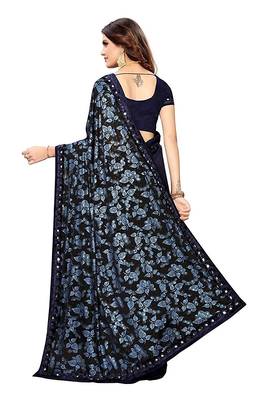 Navy blue printed lycra saree with blouse 2