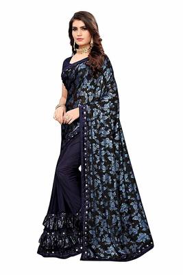Navy blue printed lycra saree with blouse 3