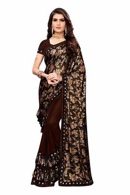 Brown printed lycra saree with blouse 1