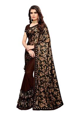 Brown printed lycra saree with blouse 3