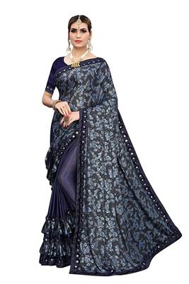 Navy blue printed lycra saree with blouse 1
